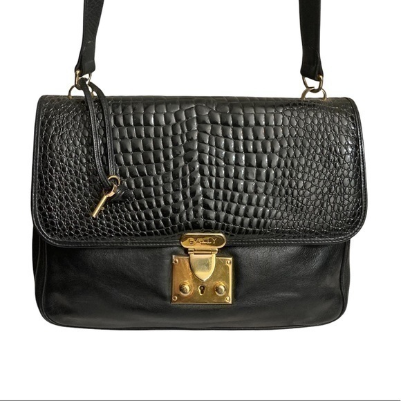 Bally black embossed leather crossbody messenger bag